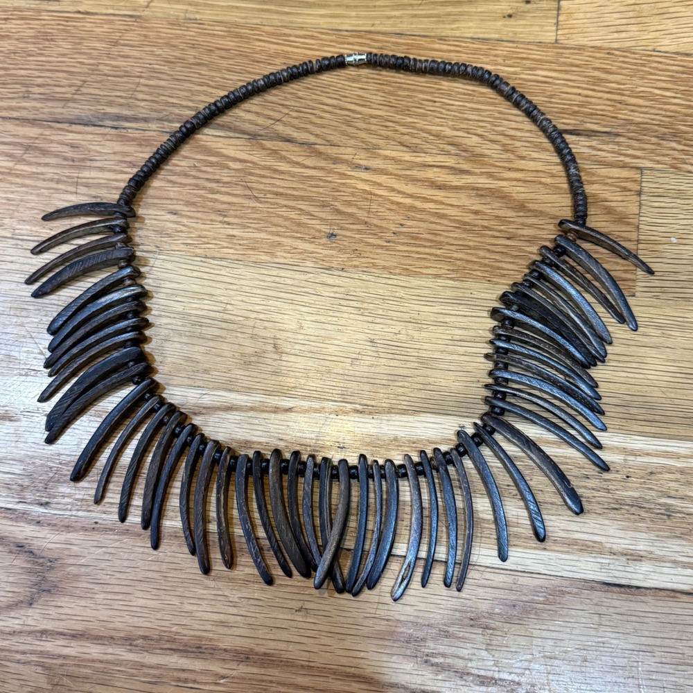 Tribal Dark Brown Wood Spike Fringe Bib Statement Necklace 24 Inch Screw Clasp